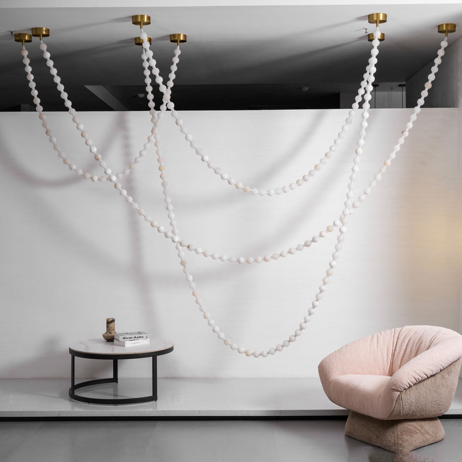 Alabaster Pearl Necklace Chandelier - 4 - Strips L 145.7″ + 116.9″ + 220.5″ + 244.9″Gold & WhiteJoyfuzzy