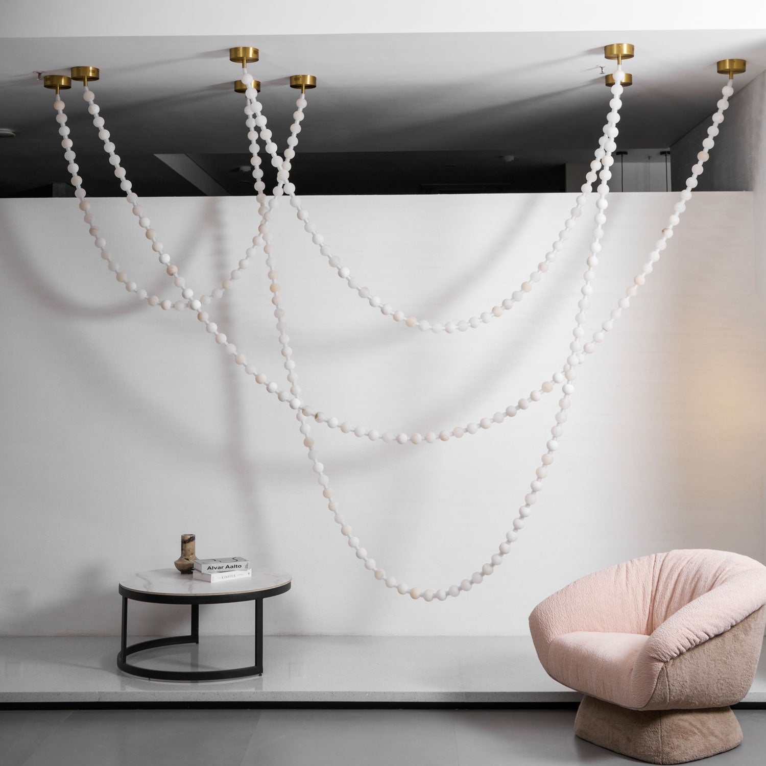 Alabaster Pearl Necklace Chandelier - 4 - Strips L 145.7″ + 116.9″ + 220.5″ + 244.9″Gold & WhiteJoyfuzzy
