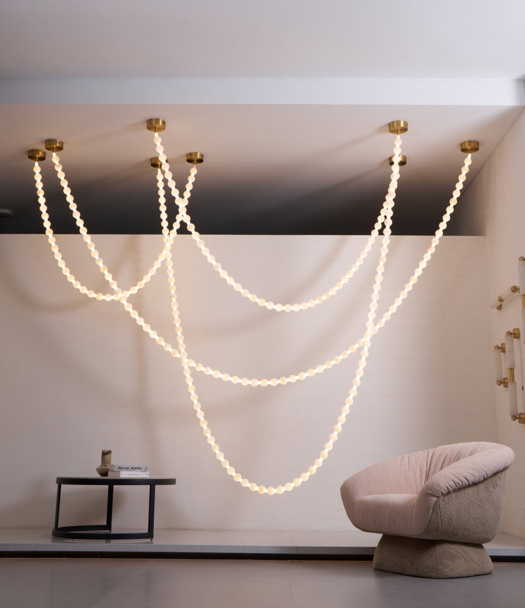 Alabaster Pearl Necklace Chandelier - 4 - Strips L 145.7″ + 116.9″ + 220.5″ + 244.9″Gold & WhiteJoyfuzzy