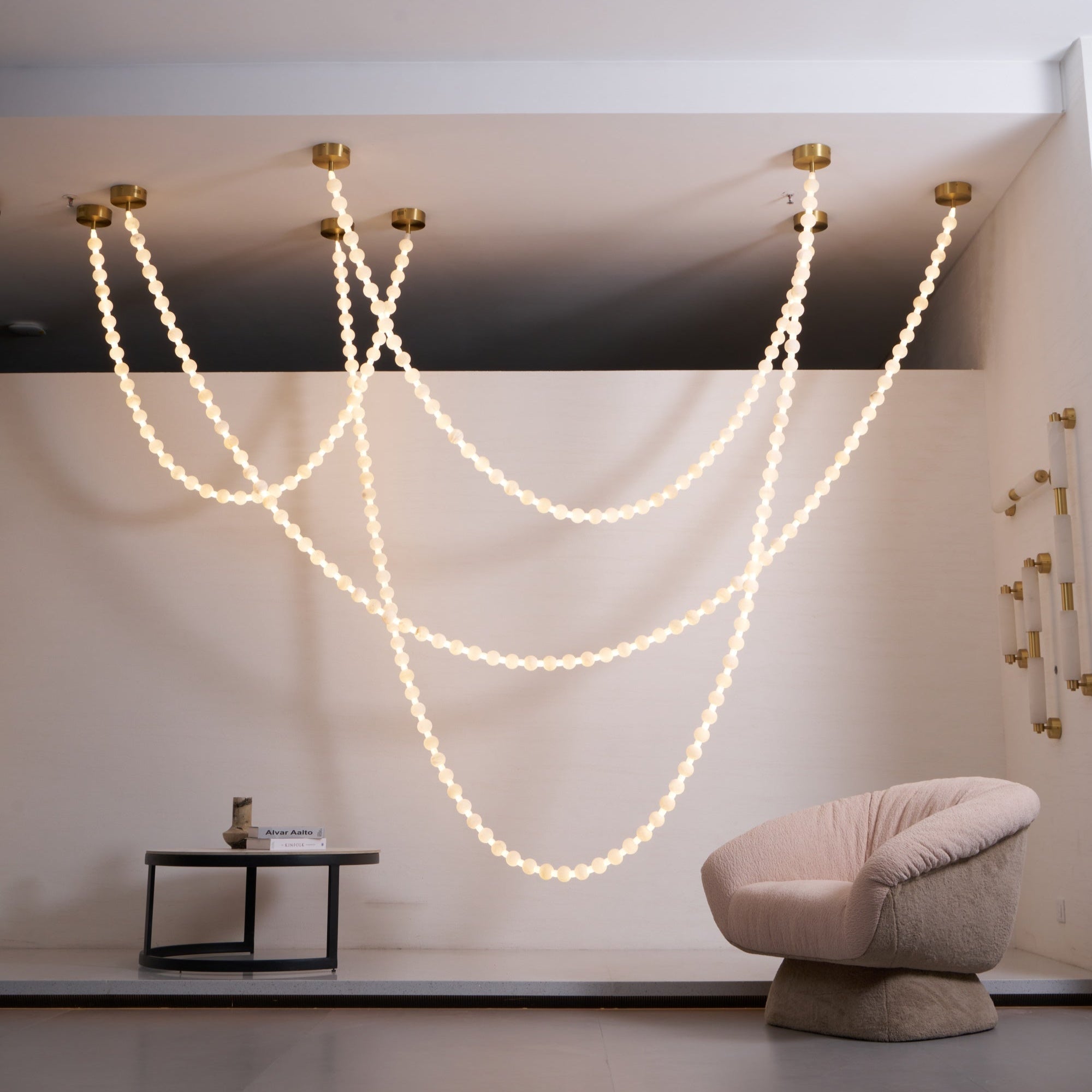 Alabaster Pearl Necklace Chandelier - 4 - Strips L 145.7″ + 116.9″ + 220.5″ + 244.9″Gold & WhiteJoyfuzzy
