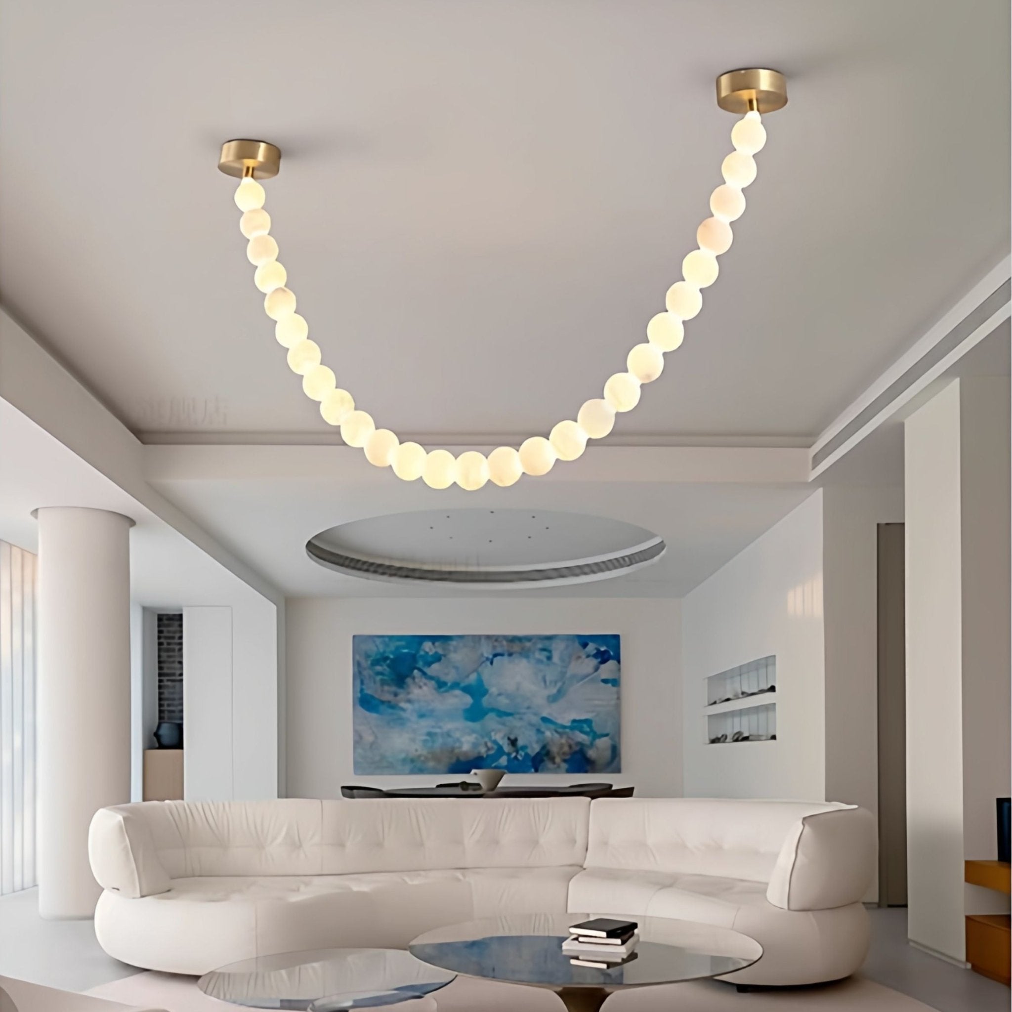 Alabaster Pearl Necklace Chandelier - 4 - Strips L 145.7″ + 116.9″ + 220.5″ + 244.9″Gold & WhiteJoyfuzzy
