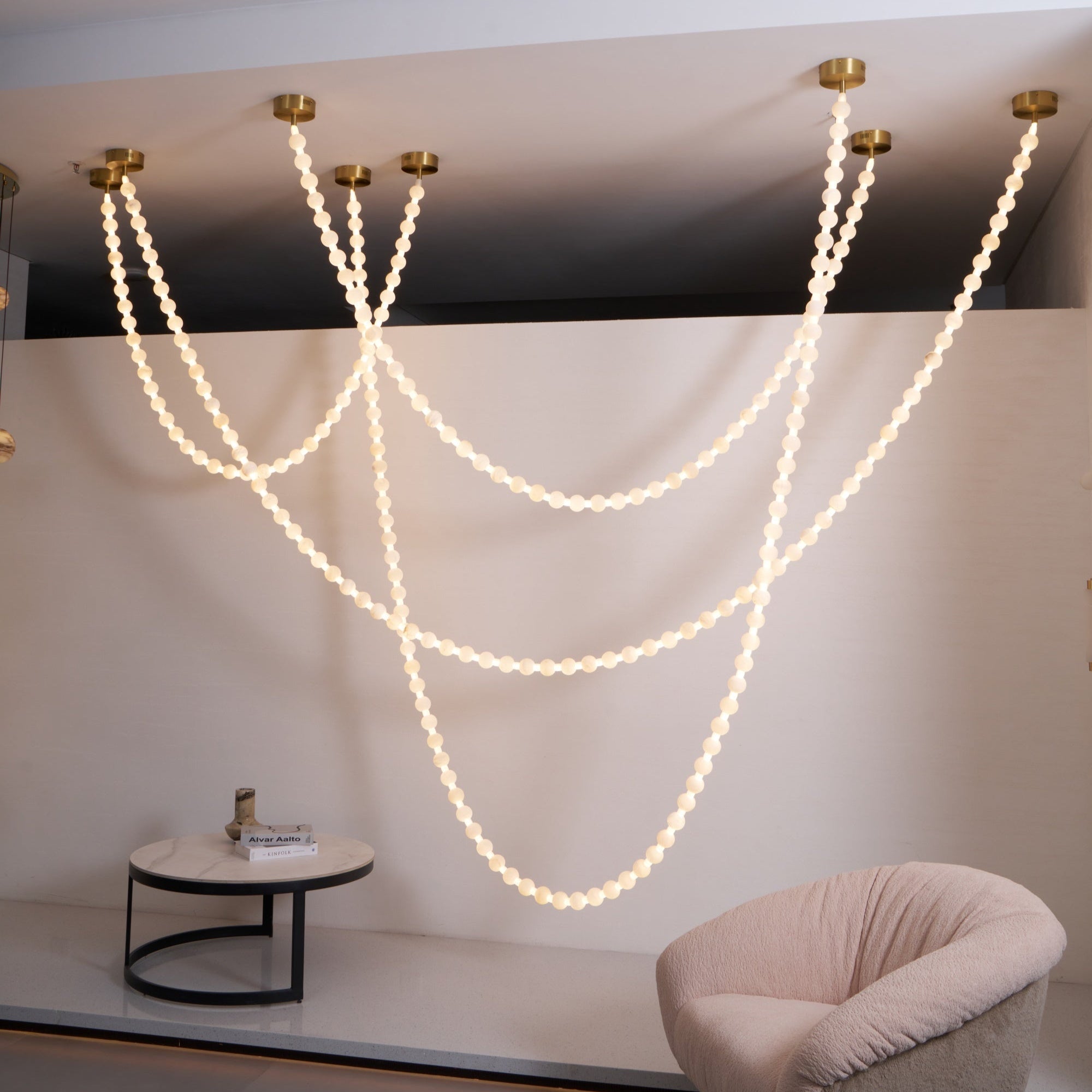 Alabaster Pearl Necklace Chandelier - 4 - Strips L 145.7″ + 116.9″ + 220.5″ + 244.9″Gold & WhiteJoyfuzzy