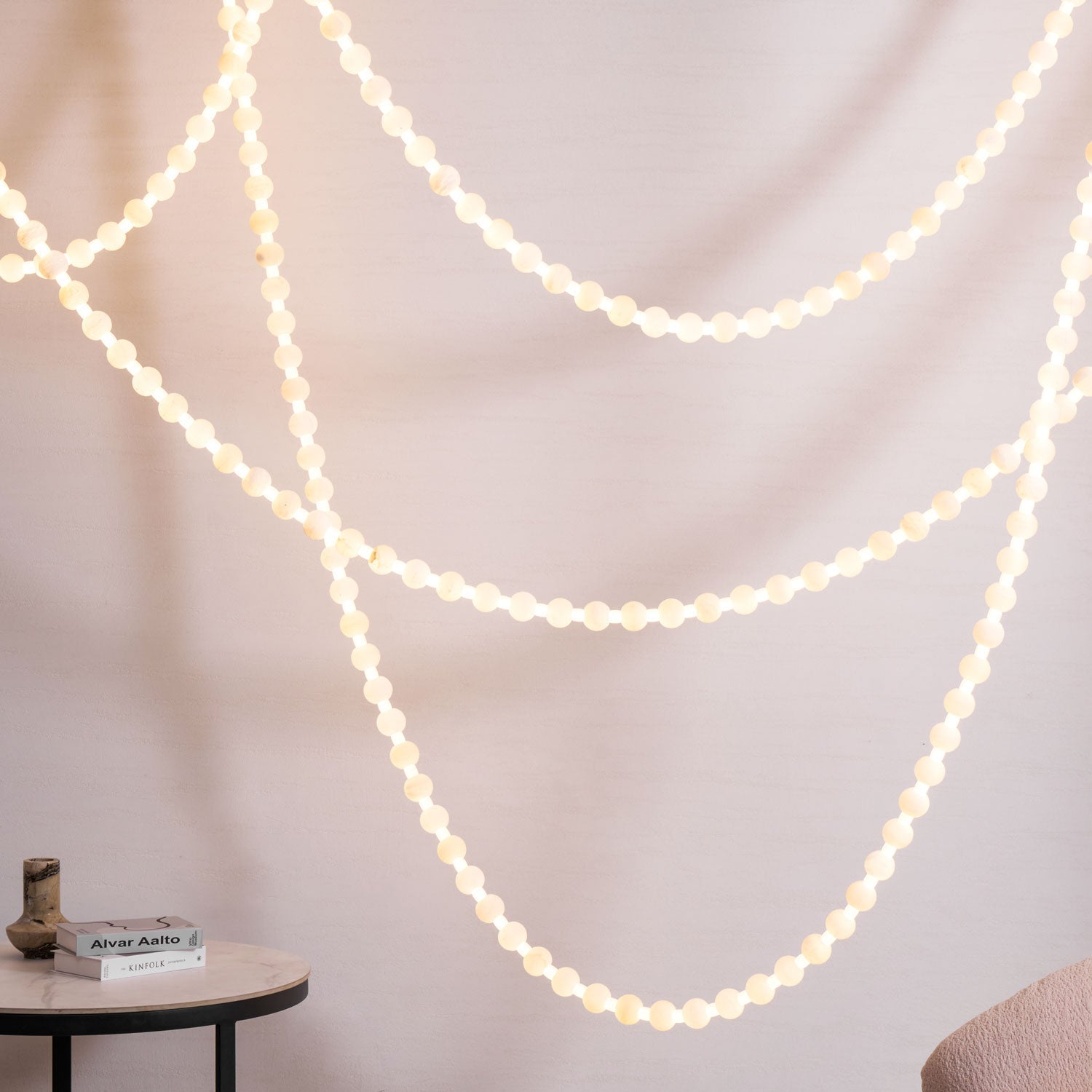 Alabaster Pearl Necklace Chandelier - 4 - Strips L 145.7″ + 116.9″ + 220.5″ + 244.9″Gold & WhiteJoyfuzzy