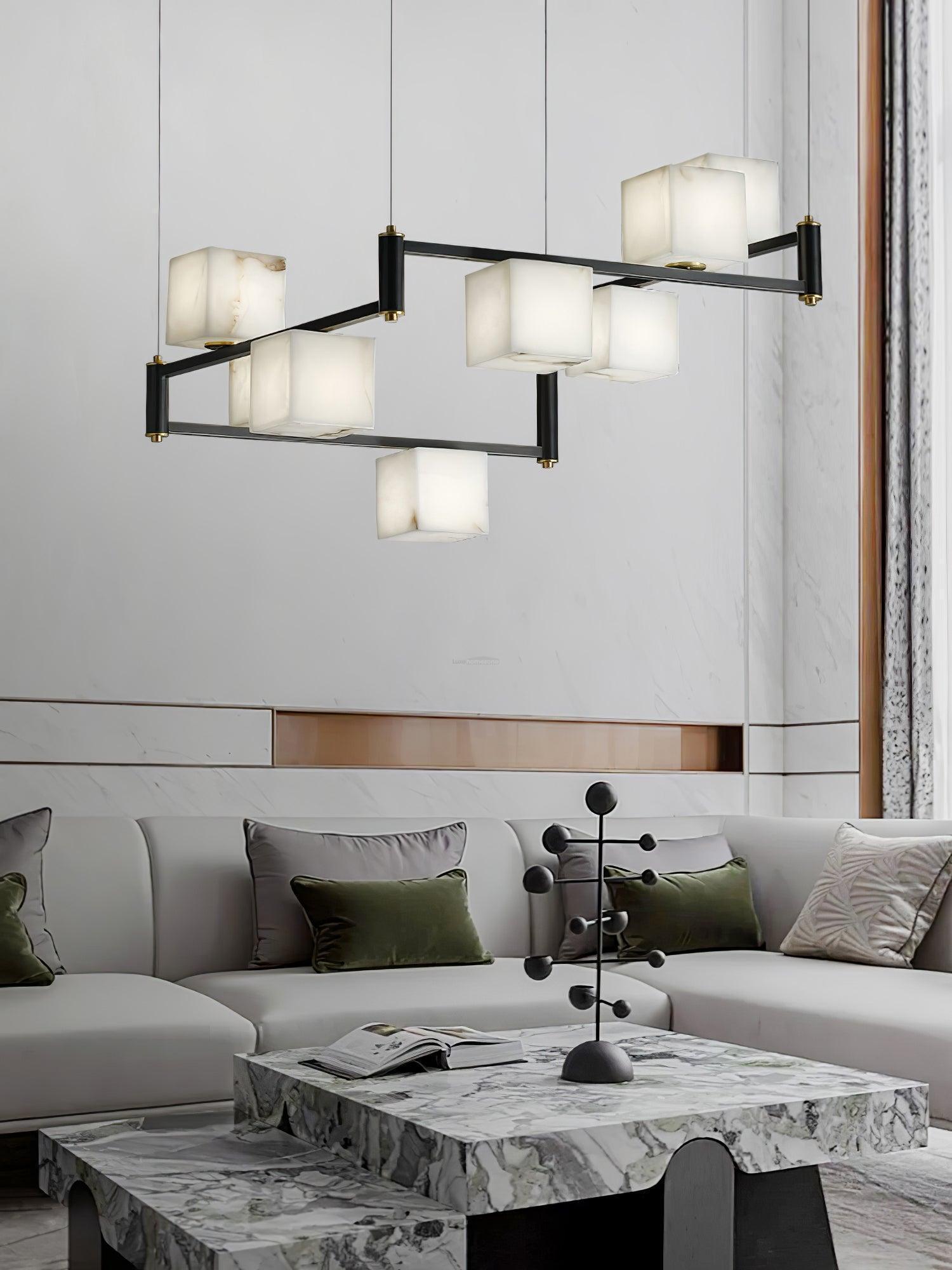 Alabaster Square Box Chandelier with 4/5/6/8/9 heads - 9 Heads L 41.3" x W 41.3" x H 17.7" / L 105cm x W 105cm x H 45cmBrass & Black & WhiteJoyfuzzy