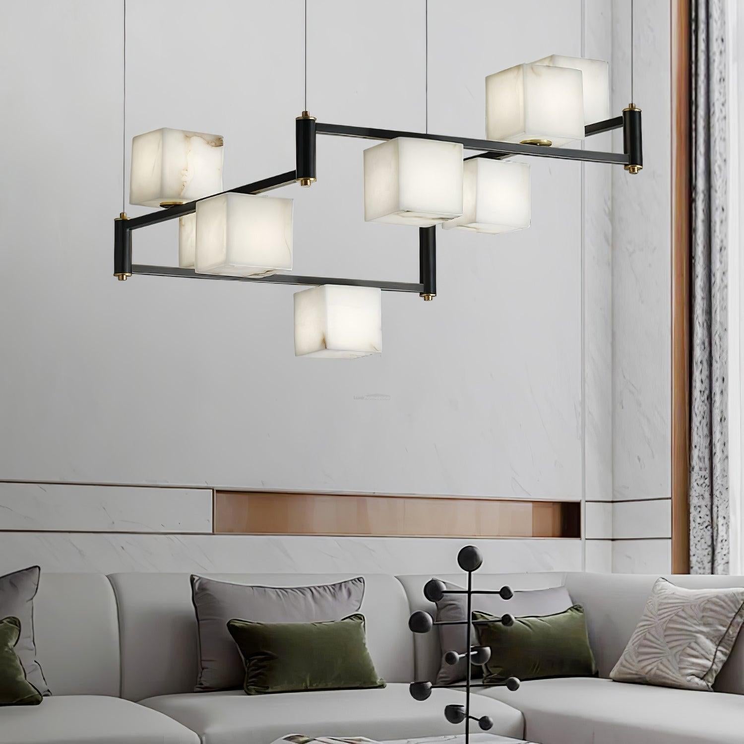 Alabaster Square Box Chandelier with 4/5/6/8/9 heads - 9 Heads L 41.3" x W 41.3" x H 17.7" / L 105cm x W 105cm x H 45cmBrass & Black & WhiteJoyfuzzy