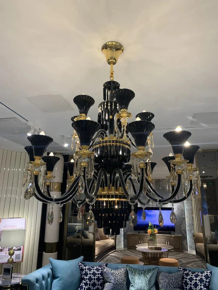 American Traditional Branch Crystal Chandelier with Candle Design in Black and Gold - 12 Lights:D33.5"*H27.6"Warm LightJoyfuzzy