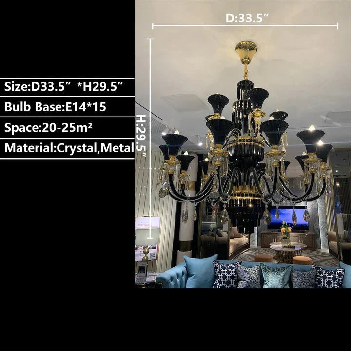 American Traditional Branch Crystal Chandelier with Candle Design in Black and Gold - 12 Lights:D33.5"*H27.6"Warm LightJoyfuzzy