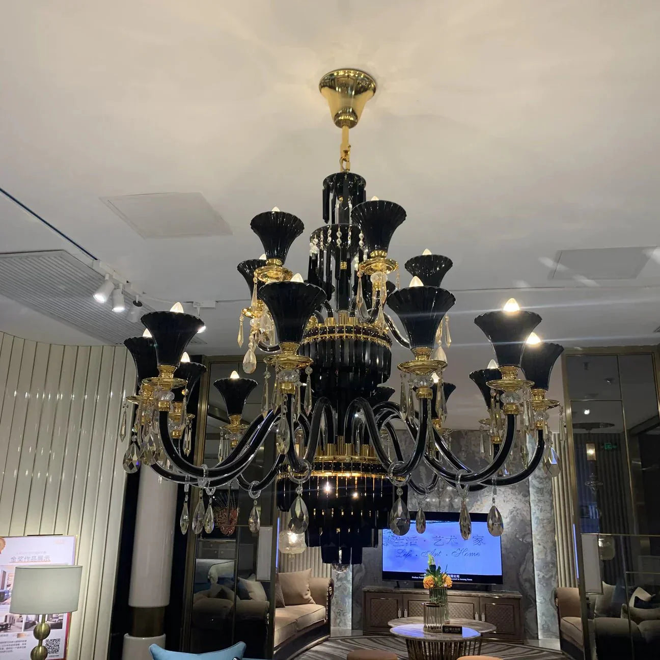 American Traditional Branch Crystal Chandelier with Candle Design in Black and Gold - 8 Lights:D29.5"*H21.7"Warm LightJoyfuzzy