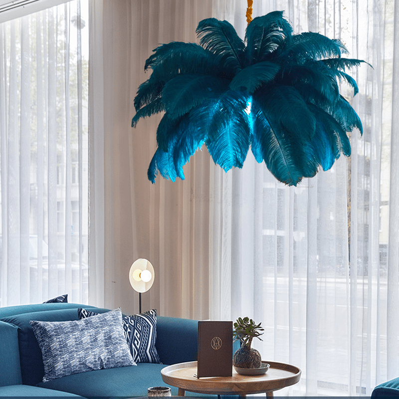Art Deco Colorized Feather Brass Branch Chandelier - BlueJoyfuzzy