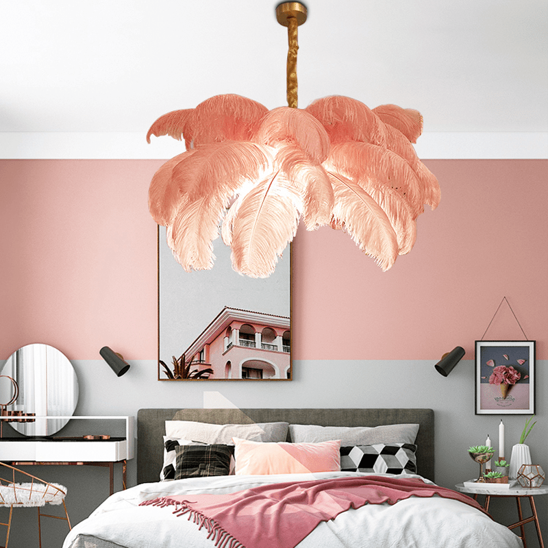 Art Deco Colorized Feather Brass Branch Chandelier - PinkJoyfuzzy
