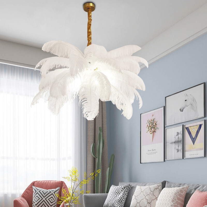 Art Deco Colorized Feather Brass Branch Chandelier - PinkJoyfuzzy