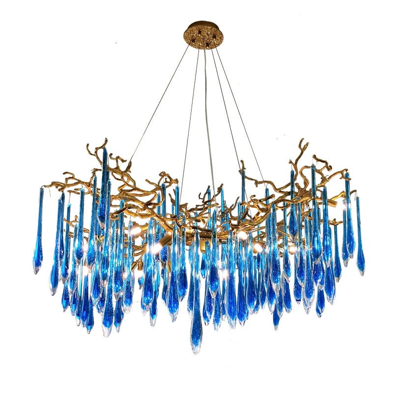 Artistic Branch Chandelier with Blue Glaze Drops for Dining Room - D23.6"*H19.7"/31.6kgBlueWarm LightJoyfuzzy