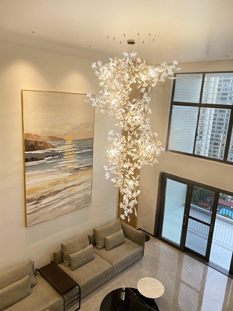 Artistic Tree Branch Pendant Light with Ceramic Ginkgo Leaves for High Ceilings in Hotel or Home - D59.1"*H157.5"/ 128 Lights (576 Pieces)/107kgWarm LightJoyfuzzy