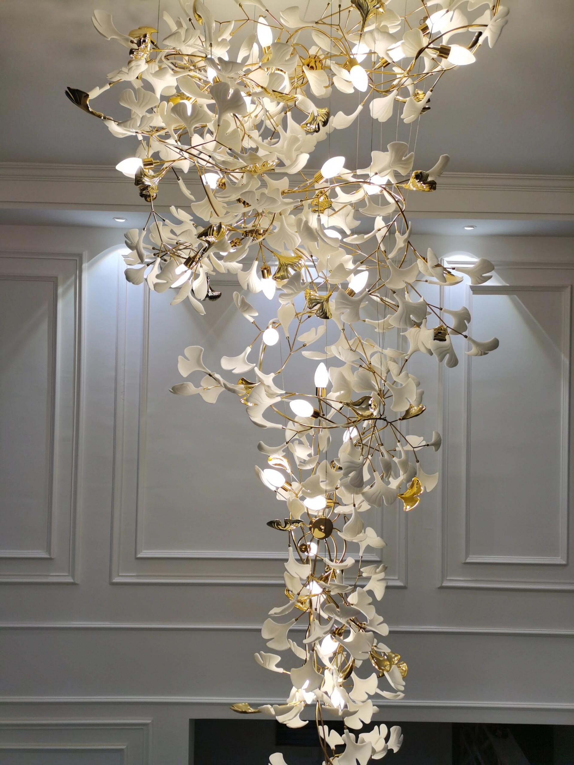 Artistic Tree Branch Pendant Light with Ceramic Ginkgo Leaves for High Ceilings in Hotel or Home - D59.1"*H157.5"/ 128 Lights (576 Pieces)/107kgWarm LightJoyfuzzy