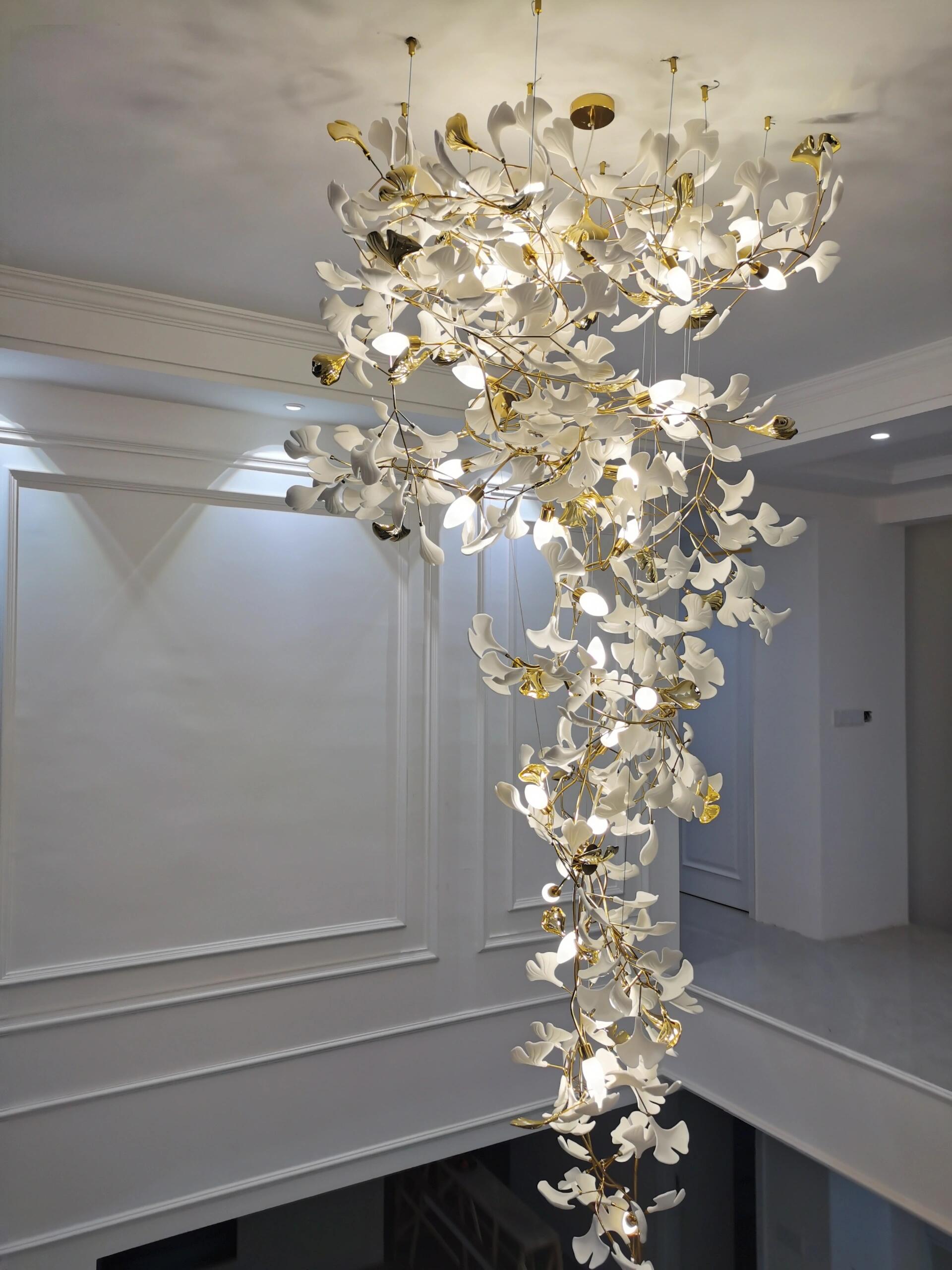 Artistic Tree Branch Pendant Light with Ceramic Ginkgo Leaves for High Ceilings in Hotel or Home - D59.1"*H157.5"/ 128 Lights (576 Pieces)/107kgWarm LightJoyfuzzy