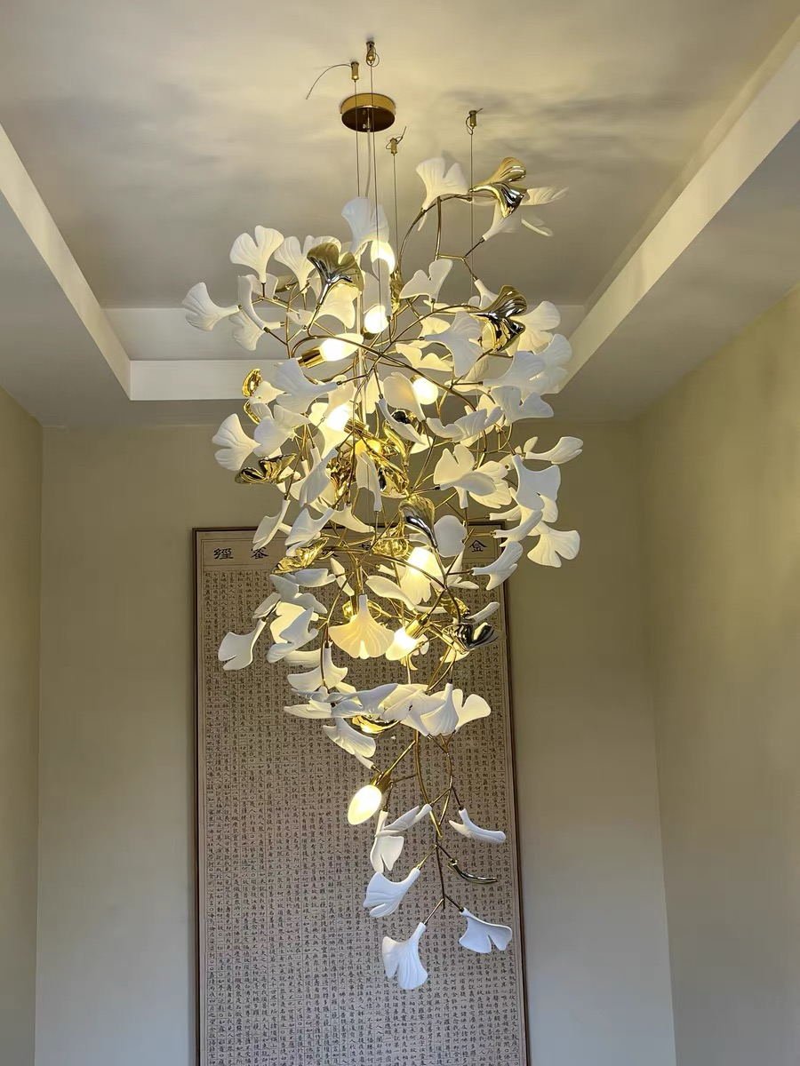 Artistic Tree Branch Pendant Light with Ceramic Ginkgo Leaves for High Ceilings in Hotel or Home - D59.1"*H157.5"/ 128 Lights (576 Pieces)/107kgWarm LightJoyfuzzy