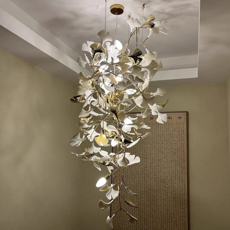 Artistic Tree Branch Pendant Light with Ceramic Ginkgo Leaves for High Ceilings in Hotel or Home - D39.4"*H70.9"/ 16 Lights (288 Pieces)Warm LightJoyfuzzy