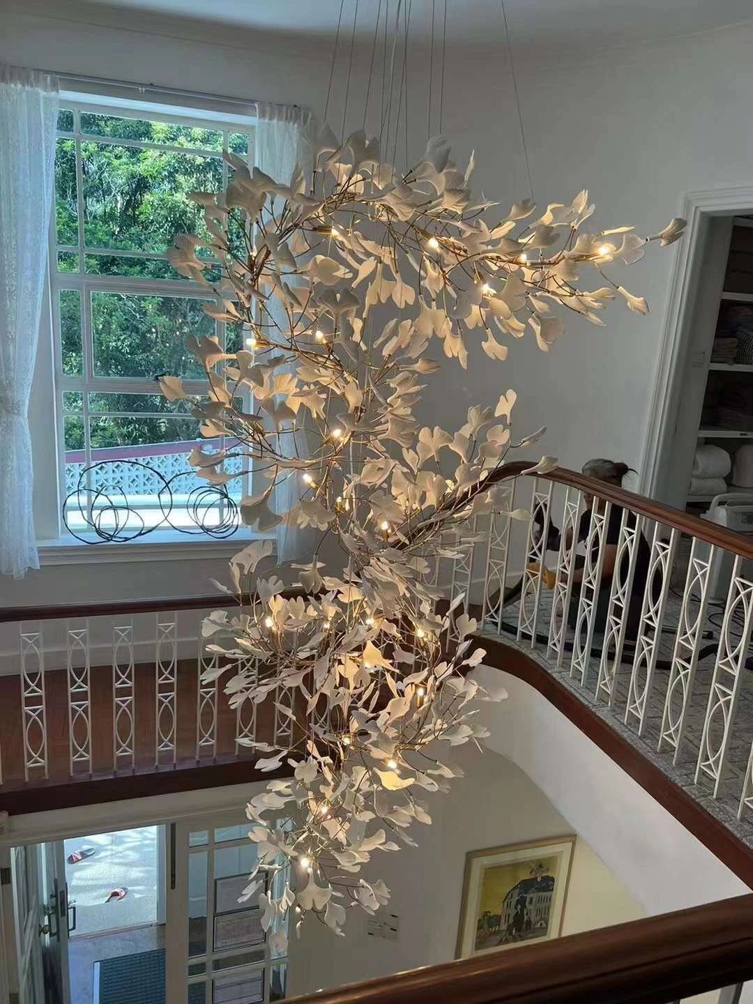Artistic Tree Branch Pendant Light with Ceramic Ginkgo Leaves for High Ceilings in Hotel or Home - D39.4"*H70.9"/ 16 Lights (288 Pieces)Warm LightJoyfuzzy