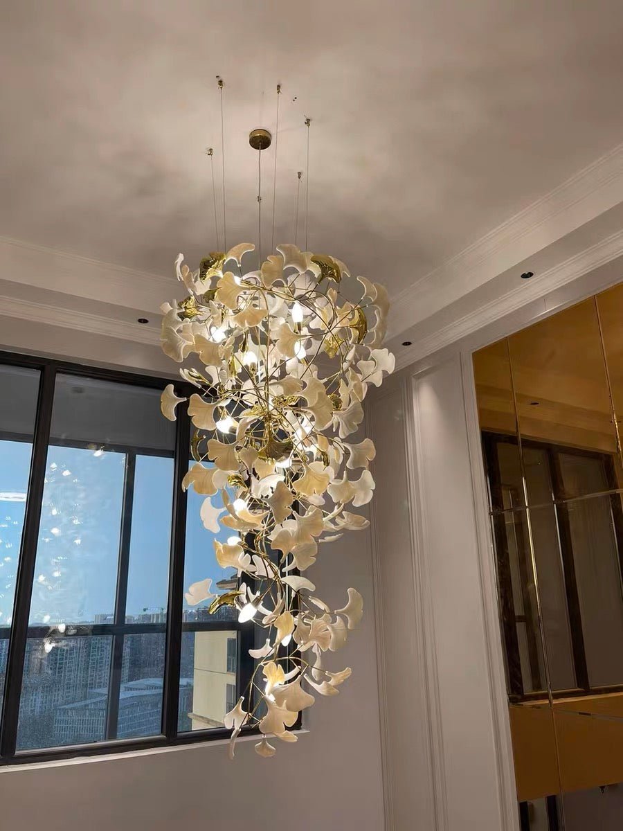 Artistic Tree Branch Pendant Light with Ceramic Ginkgo Leaves for High Ceilings in Hotel or Home - D39.4"*H70.9"/ 16 Lights (288 Pieces)Warm LightJoyfuzzy