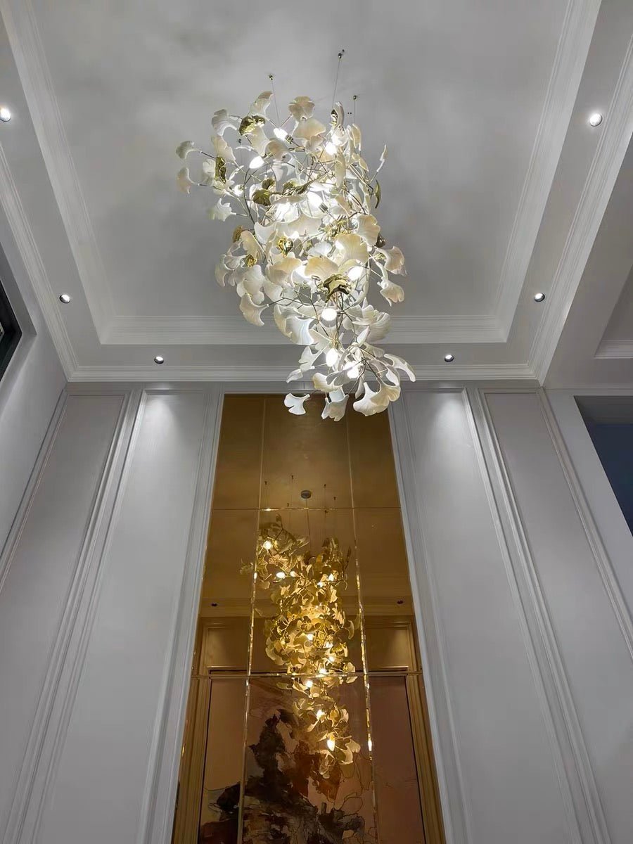 Artistic Tree Branch Pendant Light with Ceramic Ginkgo Leaves for High Ceilings in Hotel or Home - D39.4"*H70.9"/ 16 Lights (288 Pieces)Warm LightJoyfuzzy
