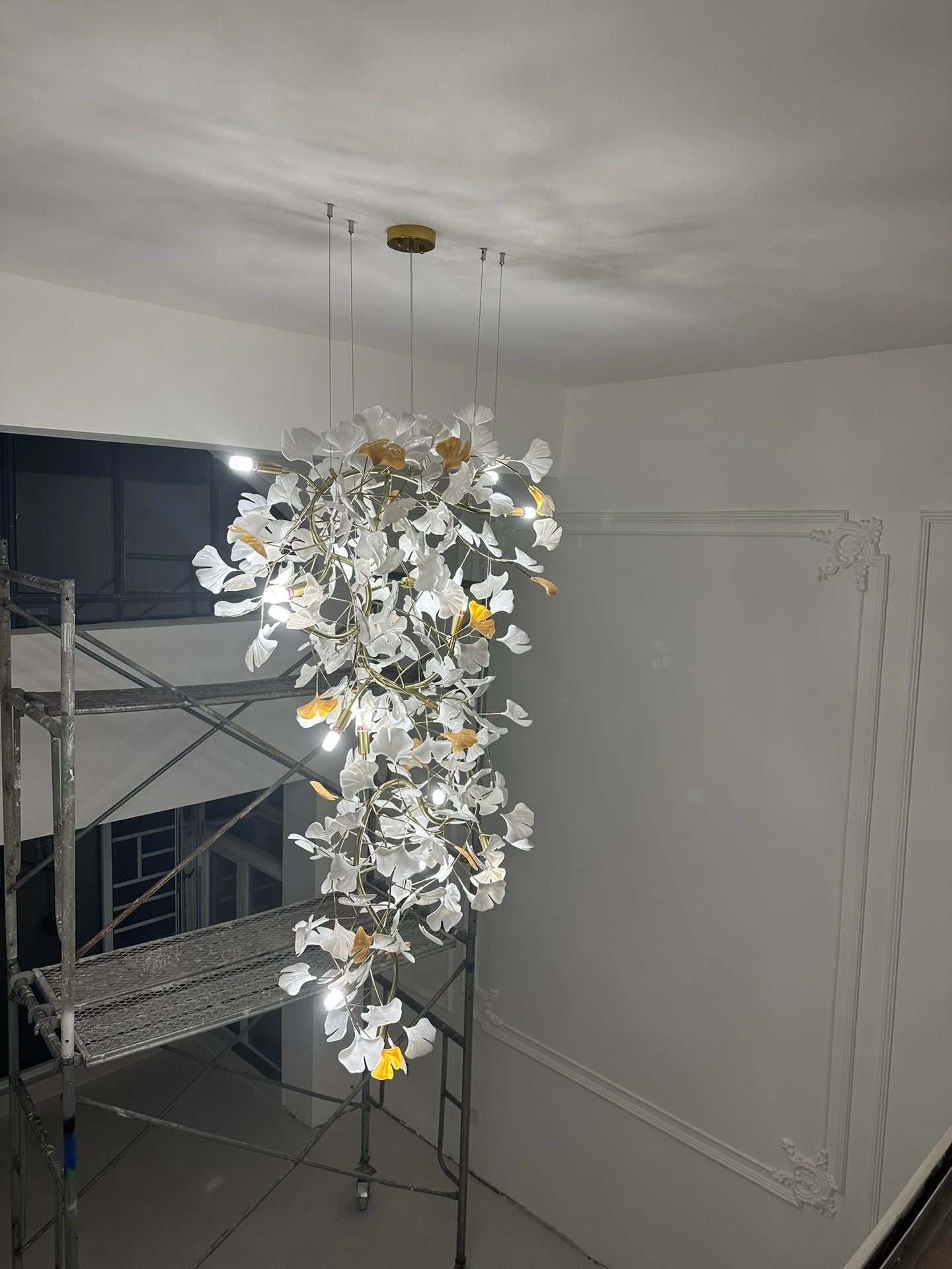 Artistic Tree Branch Pendant Light with Ceramic Ginkgo Leaves for High Ceilings in Hotel or Home - D39.4"*H70.9"/ 16 Lights (288 Pieces)Warm LightJoyfuzzy