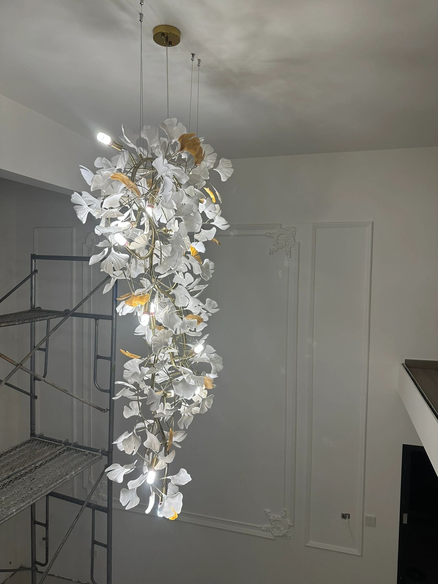 Artistic Tree Branch Pendant Light with Ceramic Ginkgo Leaves for High Ceilings in Hotel or Home - D39.4"*H70.9"/ 16 Lights (288 Pieces)Warm LightJoyfuzzy