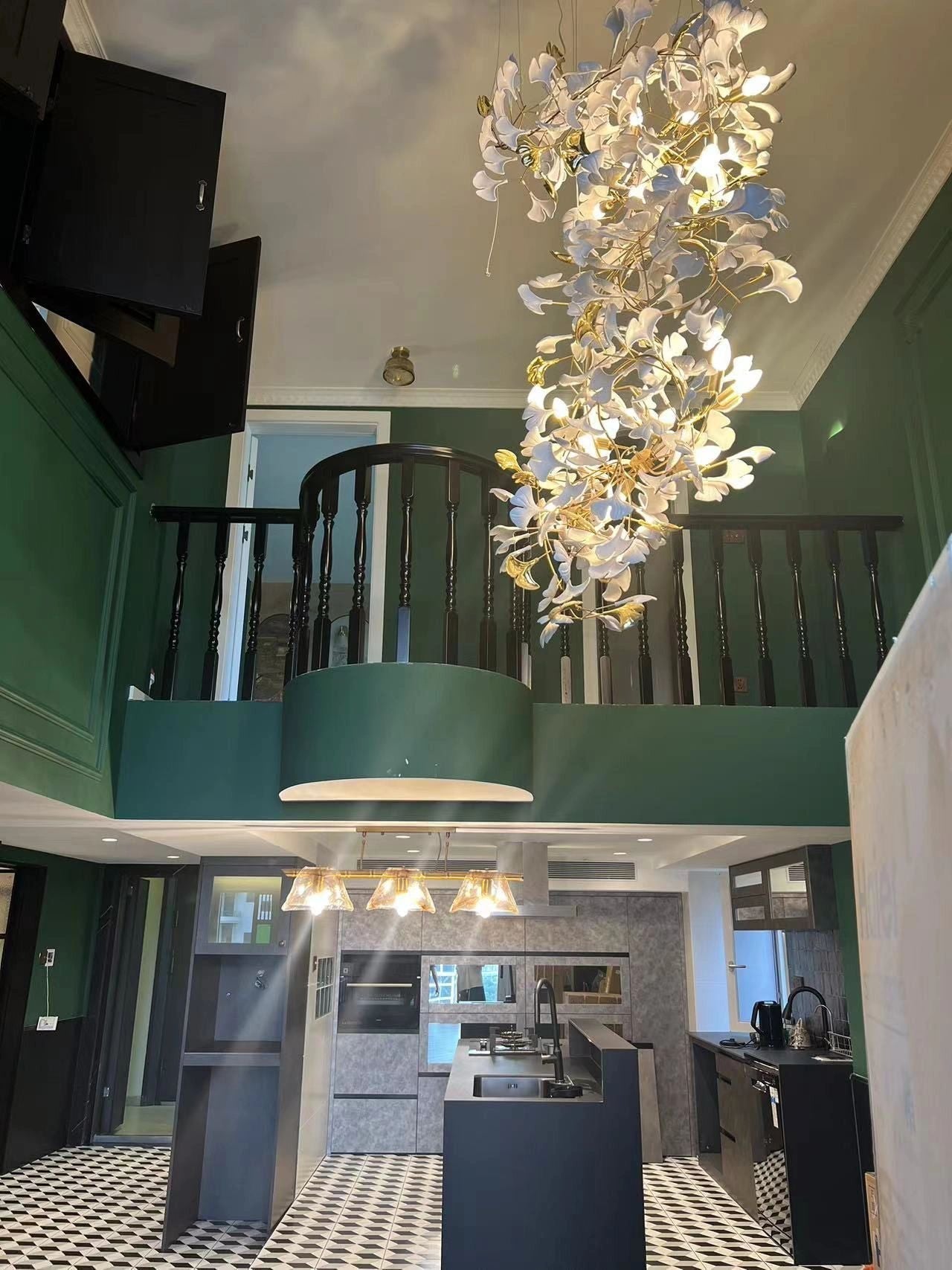 Artistic Tree Branch Pendant Light with Ceramic Ginkgo Leaves for High Ceilings in Hotel or Home - D39.4"*H70.9"/ 16 Lights (288 Pieces)Warm LightJoyfuzzy