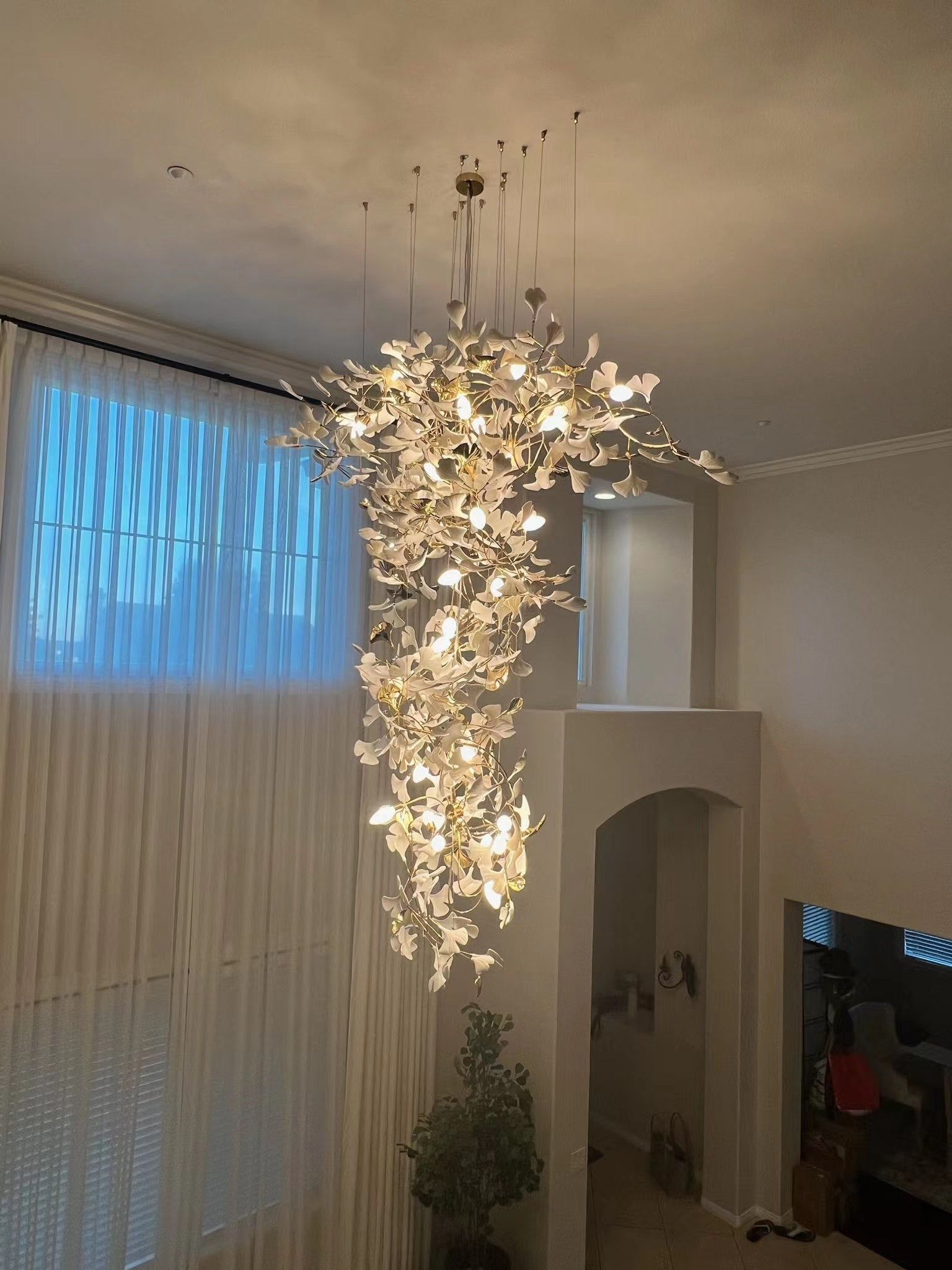 Artistic Tree Branch Pendant Light with Ceramic Ginkgo Leaves for High Ceilings in Hotel or Home - D39.4"*H70.9"/ 16 Lights (288 Pieces)Warm LightJoyfuzzy