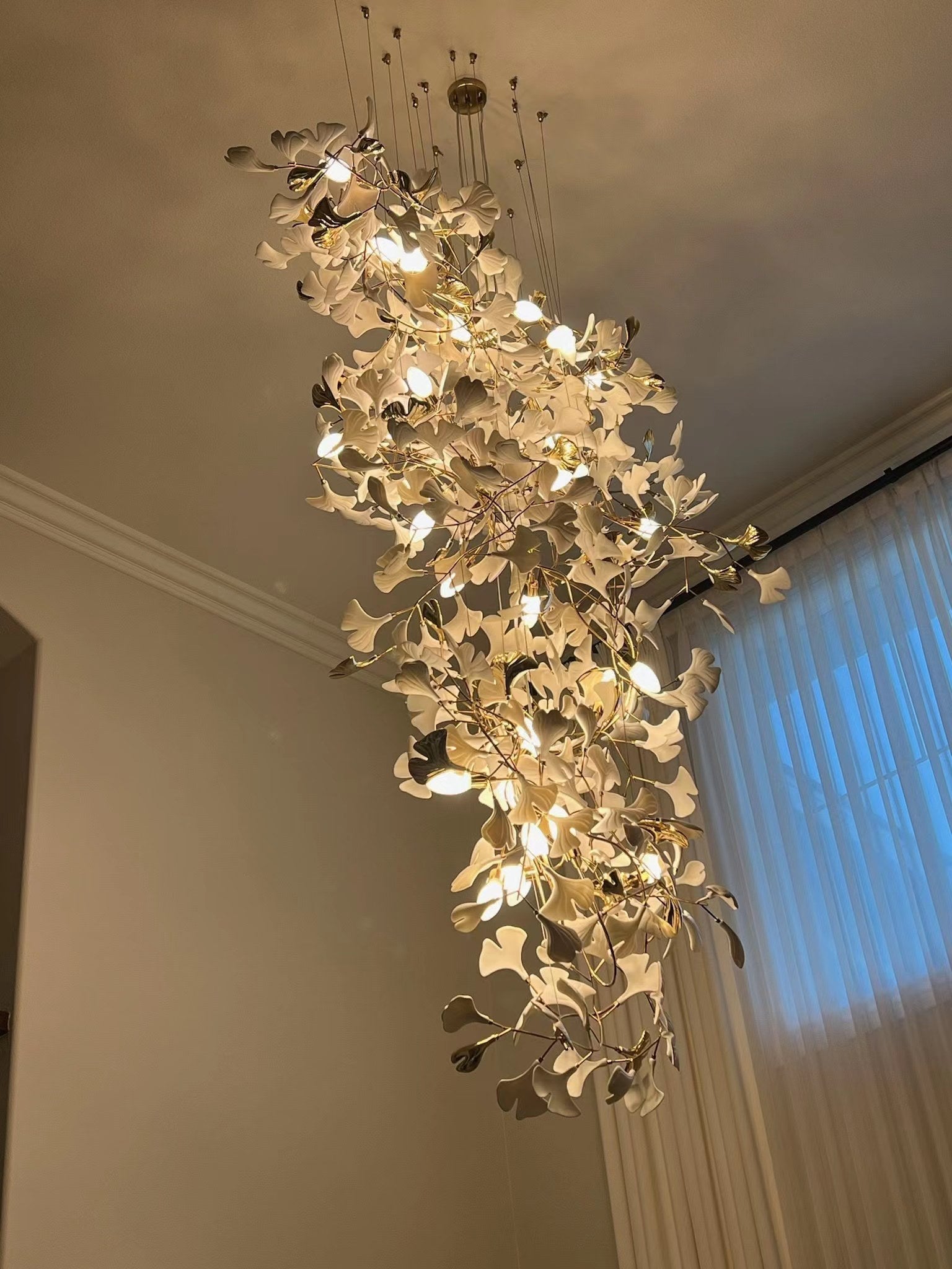 Artistic Tree Branch Pendant Light with Ceramic Ginkgo Leaves for High Ceilings in Hotel or Home - D39.4"*H70.9"/ 16 Lights (288 Pieces)Warm LightJoyfuzzy