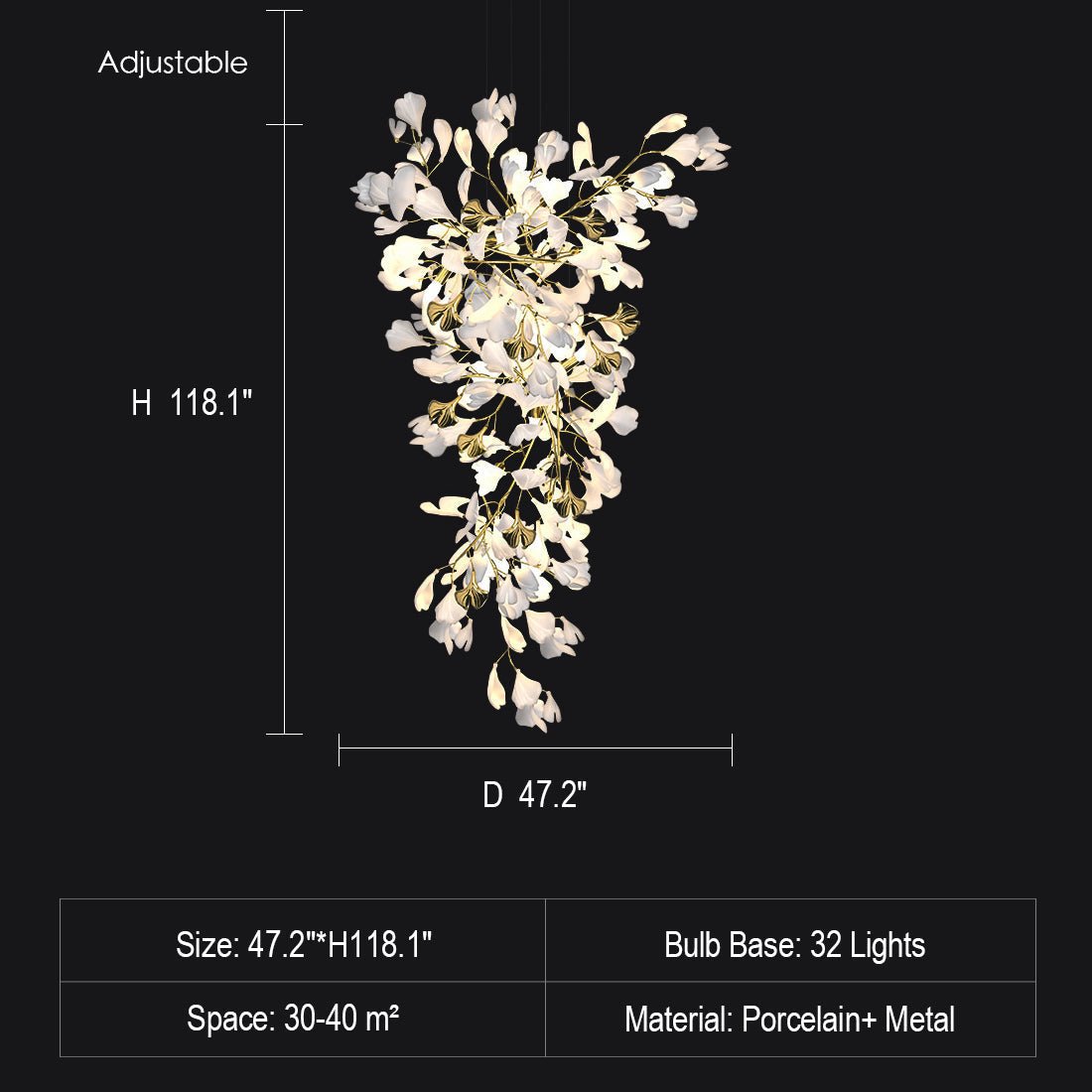 Artistic Tree Branch Pendant Light with Ceramic Ginkgo Leaves for High Ceilings in Hotel or Home - D39.4"*H70.9"/ 16 Lights (288 Pieces)Warm LightJoyfuzzy