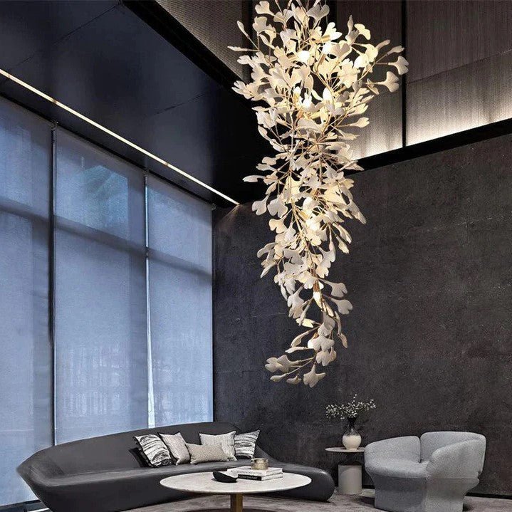 Artistic Tree Branch Pendant Light with Ceramic Ginkgo Leaves for High Ceilings in Hotel or Home - D47.2"*H118.1"/ 32 Lights (432 Pieces)Warm LightJoyfuzzy