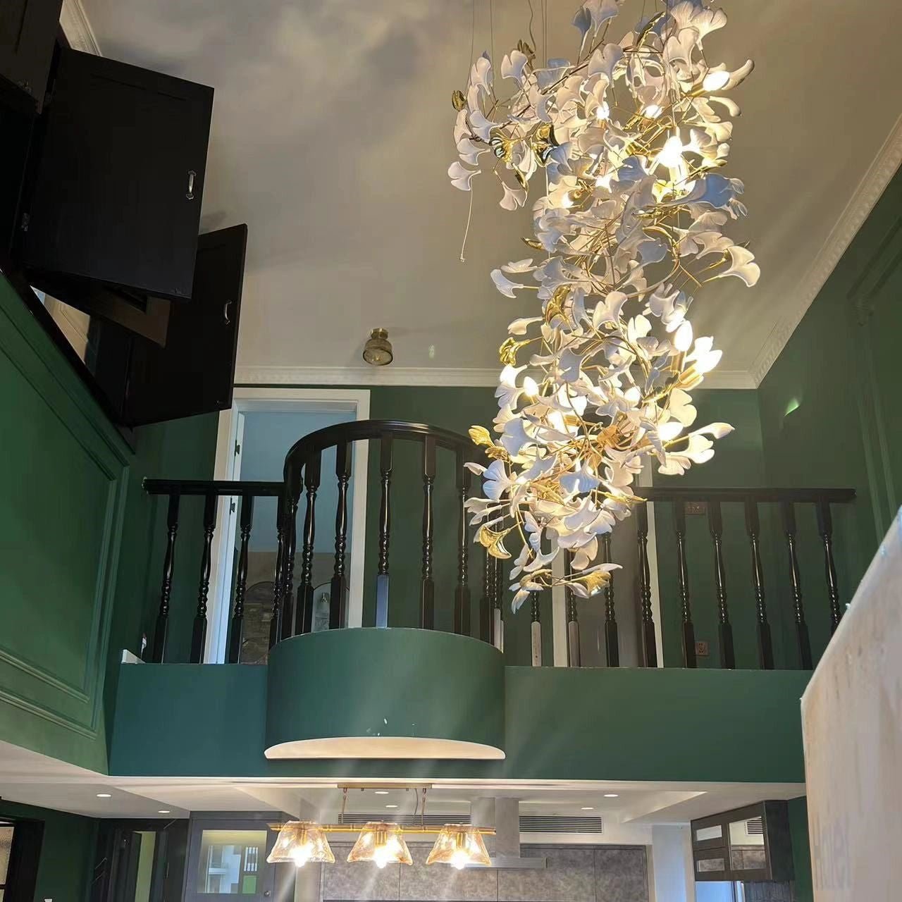 Artistic Tree Branch Pendant Light with Ceramic Ginkgo Leaves for High Ceilings in Hotel or Home - D47.2"*H98.4"/ 24 Lights (360 Pieces)/99kgWarm LightJoyfuzzy