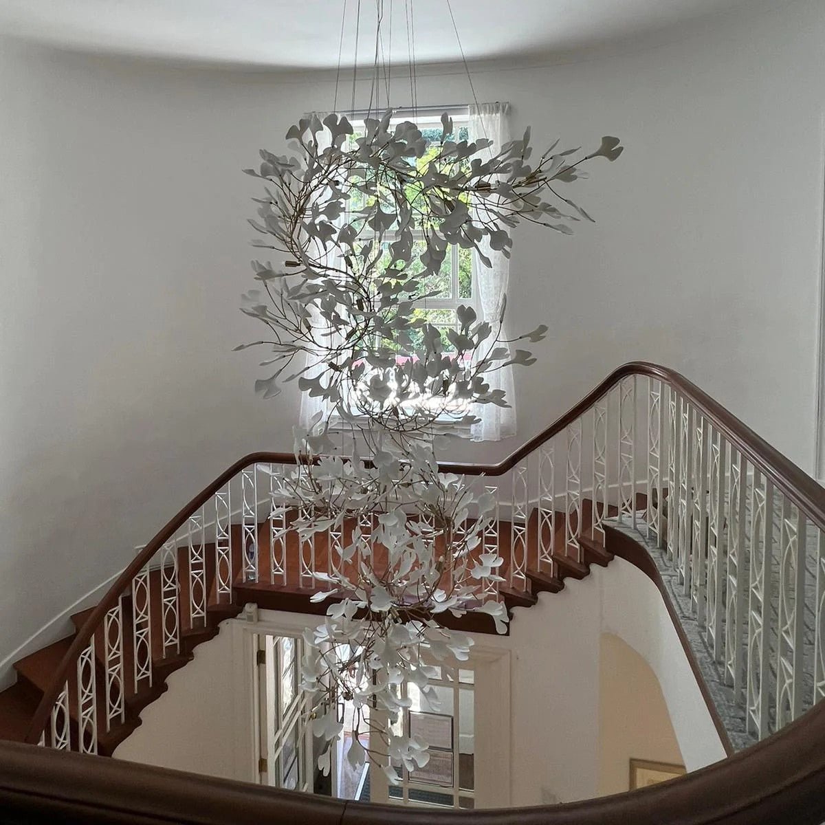 Artistic Tree Branch Pendant Light with Ceramic Ginkgo Leaves for High Ceilings in Hotel or Home - D59.1"*H157.5"/ 128 Lights (576 Pieces)/107kgWarm LightJoyfuzzy