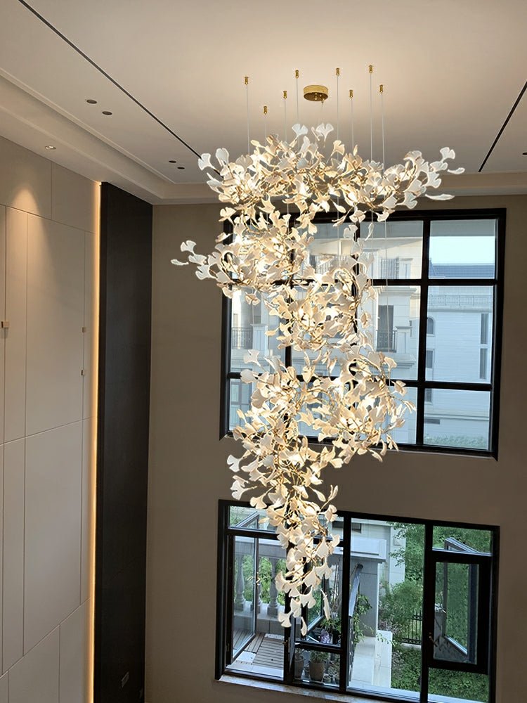 Artistic Tree Branch Pendant Light with Ceramic Ginkgo Leaves for High Ceilings in Hotel or Home - D59.1"*H157.5"/ 128 Lights (576 Pieces)/107kgWarm LightJoyfuzzy