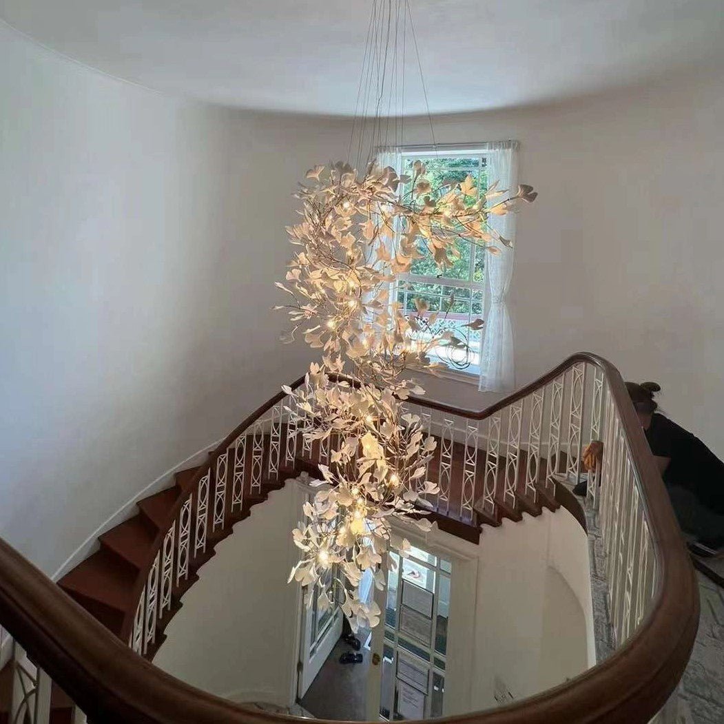 Artistic Tree Branch Pendant Light with Ceramic Ginkgo Leaves for High Ceilings in Hotel or Home - D59.1"*H157.5"/ 128 Lights (576 Pieces)/107kgWarm LightJoyfuzzy