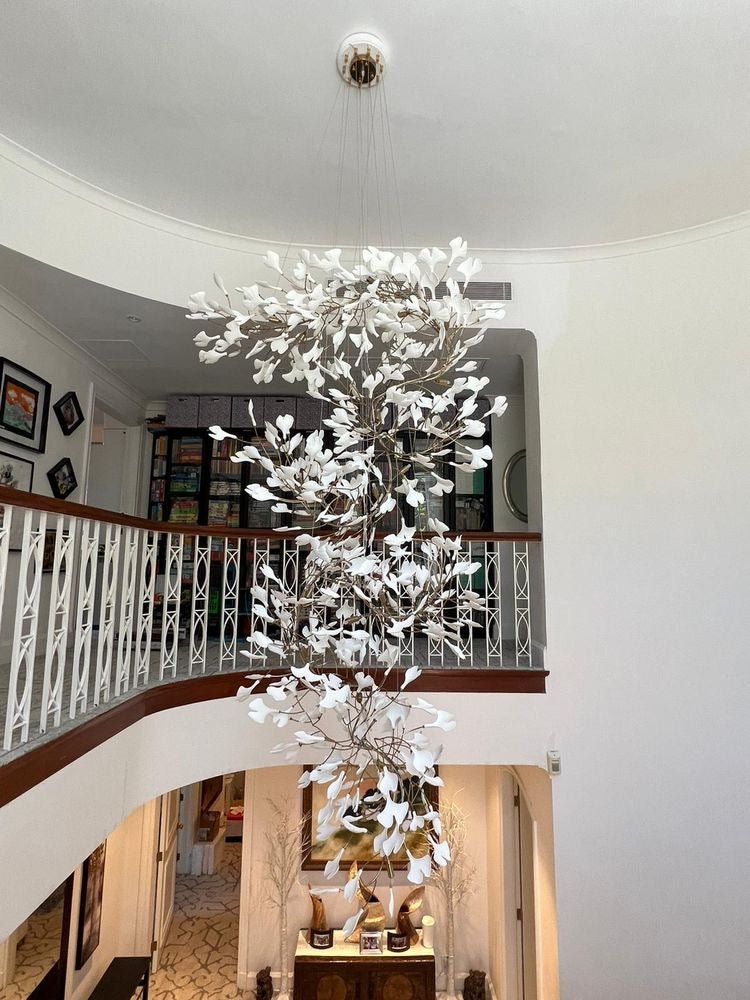 Artistic Tree Branch Pendant Light with Ceramic Ginkgo Leaves for High Ceilings in Hotel or Home - D59.1"*H157.5"/ 128 Lights (576 Pieces)/107kgWarm LightJoyfuzzy