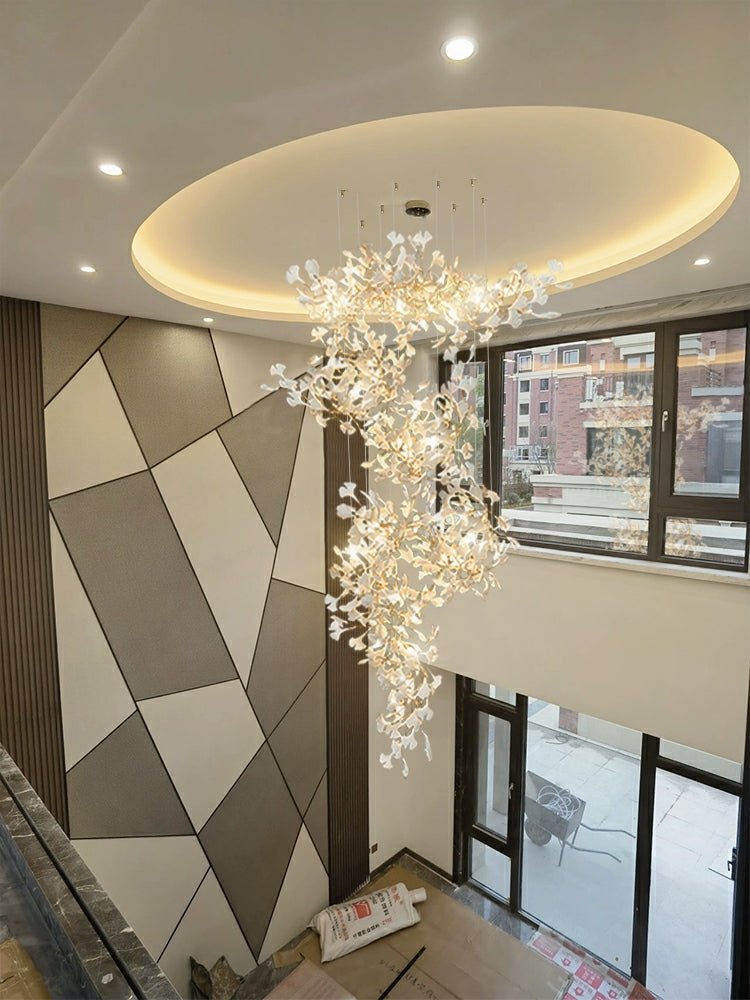 Artistic Tree Branch Pendant Light with Ceramic Ginkgo Leaves for High Ceilings in Hotel or Home - D59.1"*H157.5"/ 128 Lights (576 Pieces)/107kgWarm LightJoyfuzzy