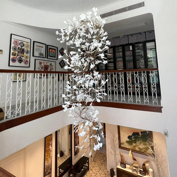Artistic Tree Branch Pendant Light with Ceramic Ginkgo Leaves for High Ceilings in Hotel or Home - D39.4"*H70.9"/ 16 Lights (288 Pieces)Warm LightJoyfuzzy