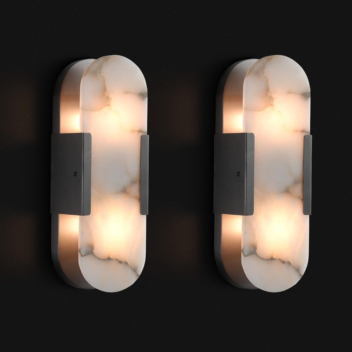 Black Alabaster Wall Sconces Set: Natural Marble Bedside Lighting Fixtures