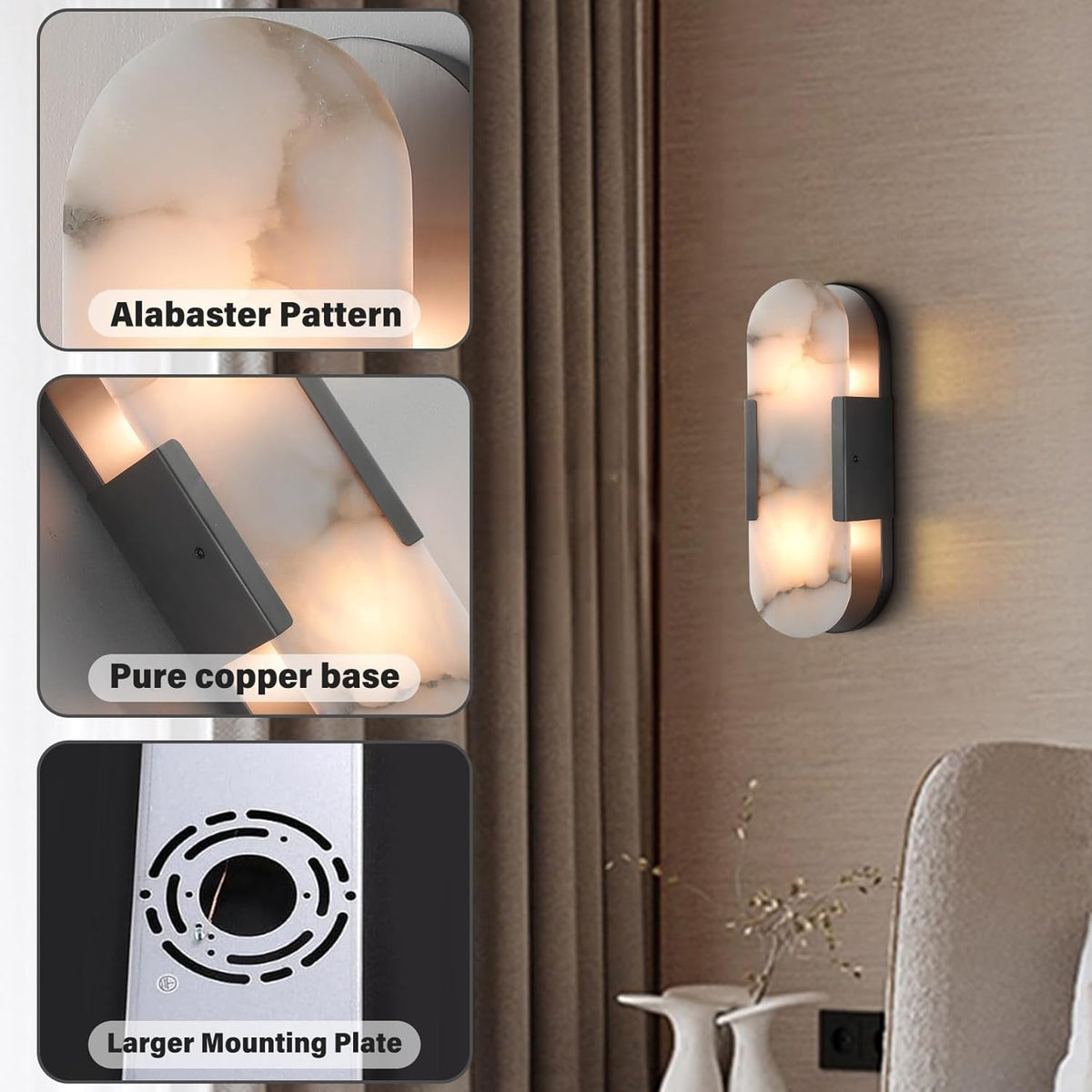 Black Alabaster Wall Sconces Set: Natural Marble Bedside Lighting Fixtures