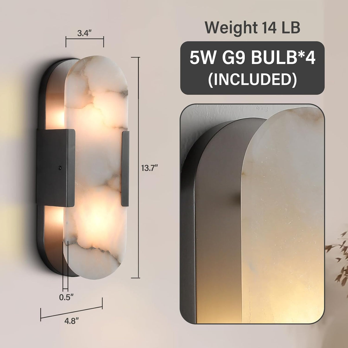 Black Alabaster Wall Sconces Set: Natural Marble Bedside Lighting Fixtures