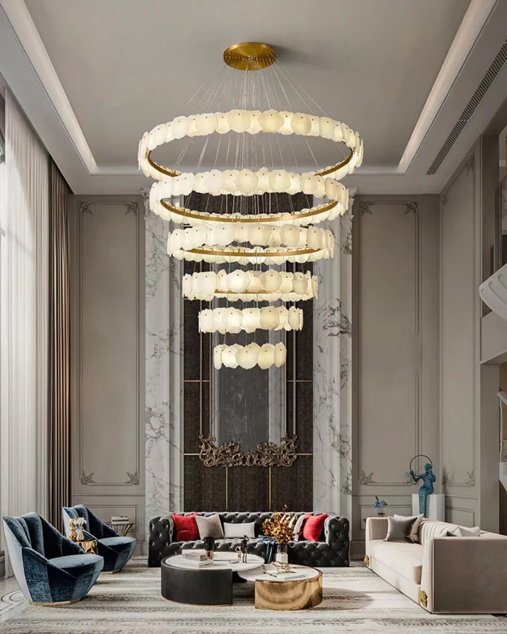 Joyfuzzy Tiered Circular Alabaster Chandelier - Ø47"xH79"GoldWarm WhiteJoyfuzzy