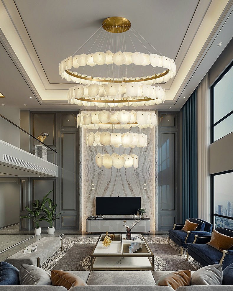 Joyfuzzy Tiered Circular Alabaster Chandelier - Ø47"xH79"GoldWarm WhiteJoyfuzzy