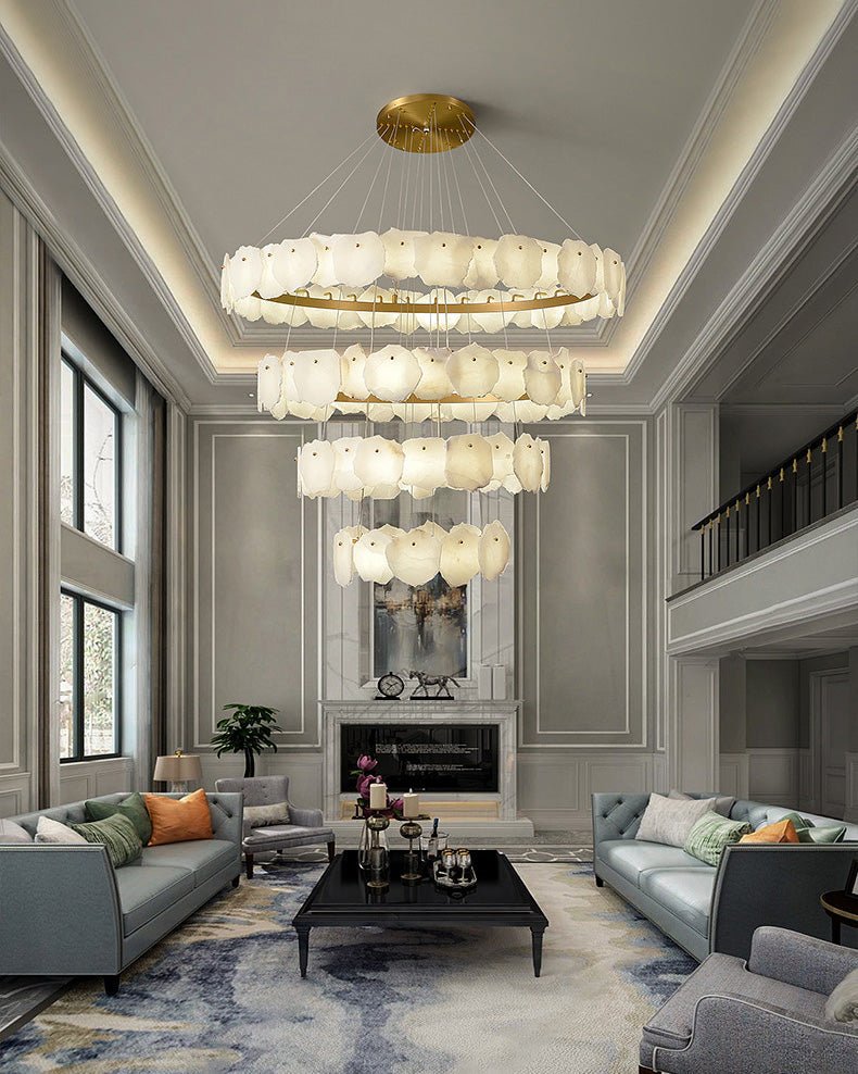 Joyfuzzy Tiered Circular Alabaster Chandelier - Ø47"xH79"GoldWarm WhiteJoyfuzzy