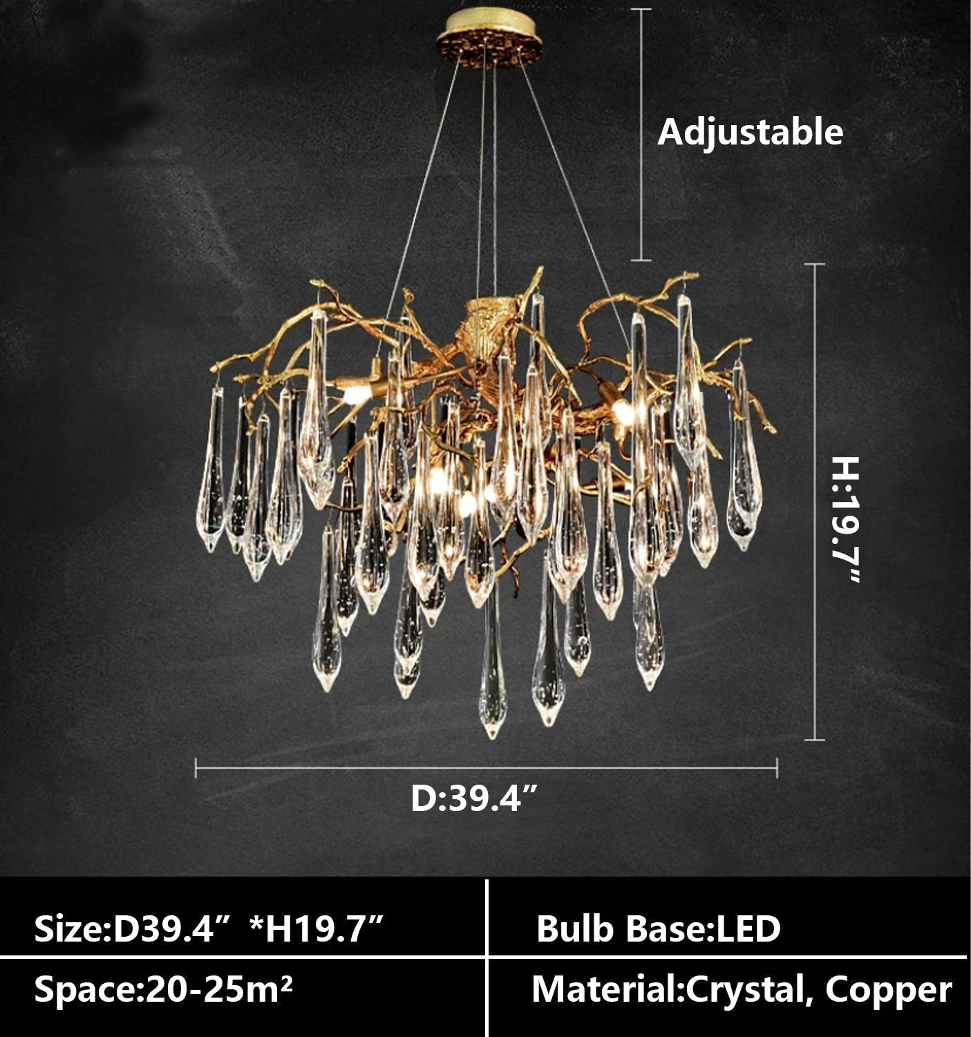 Branch Crystal Drops Chandelier in French Style with Copper Gold Finish for Dining and Living Room Ceiling - Round D23.6"*H15.8"/29.5kgWarm LightJoyfuzzy