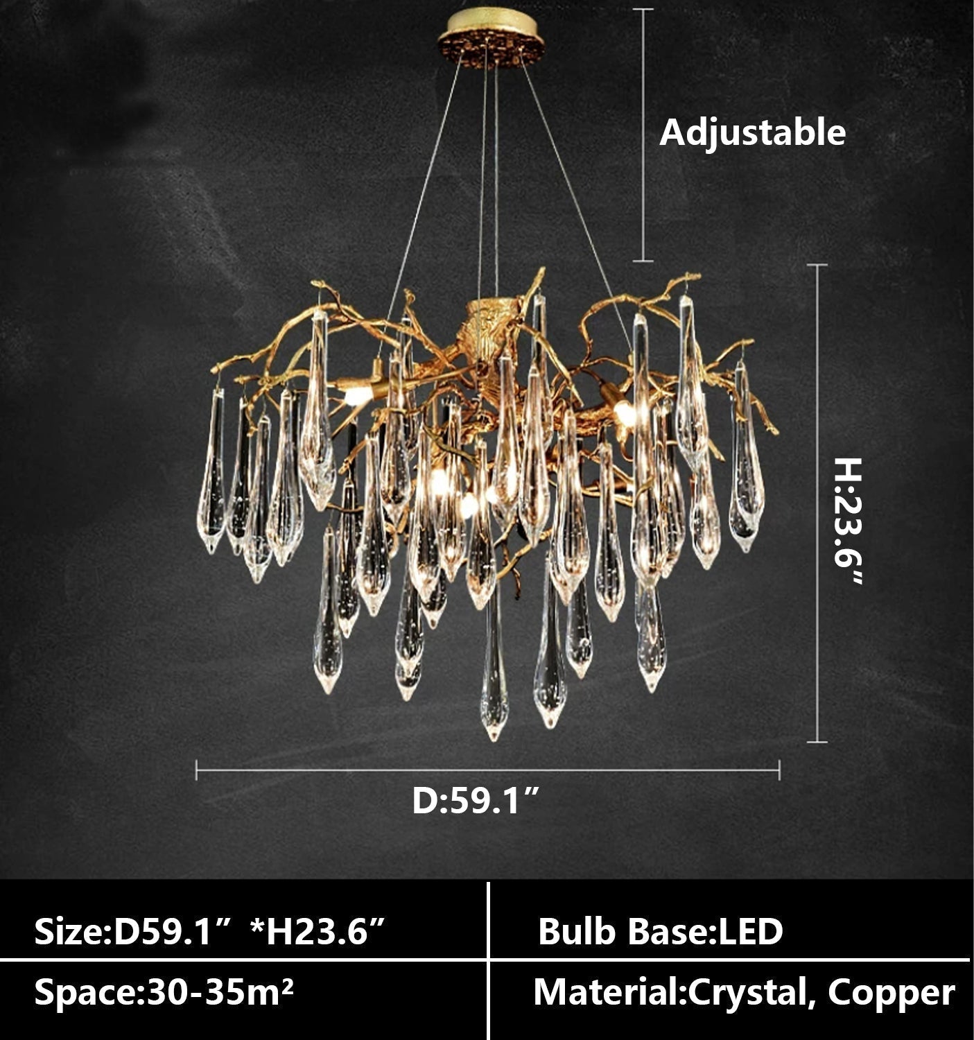 Branch Crystal Drops Chandelier in French Style with Copper Gold Finish for Dining and Living Room Ceiling - Round D23.6"*H15.8"/29.5kgWarm LightJoyfuzzy