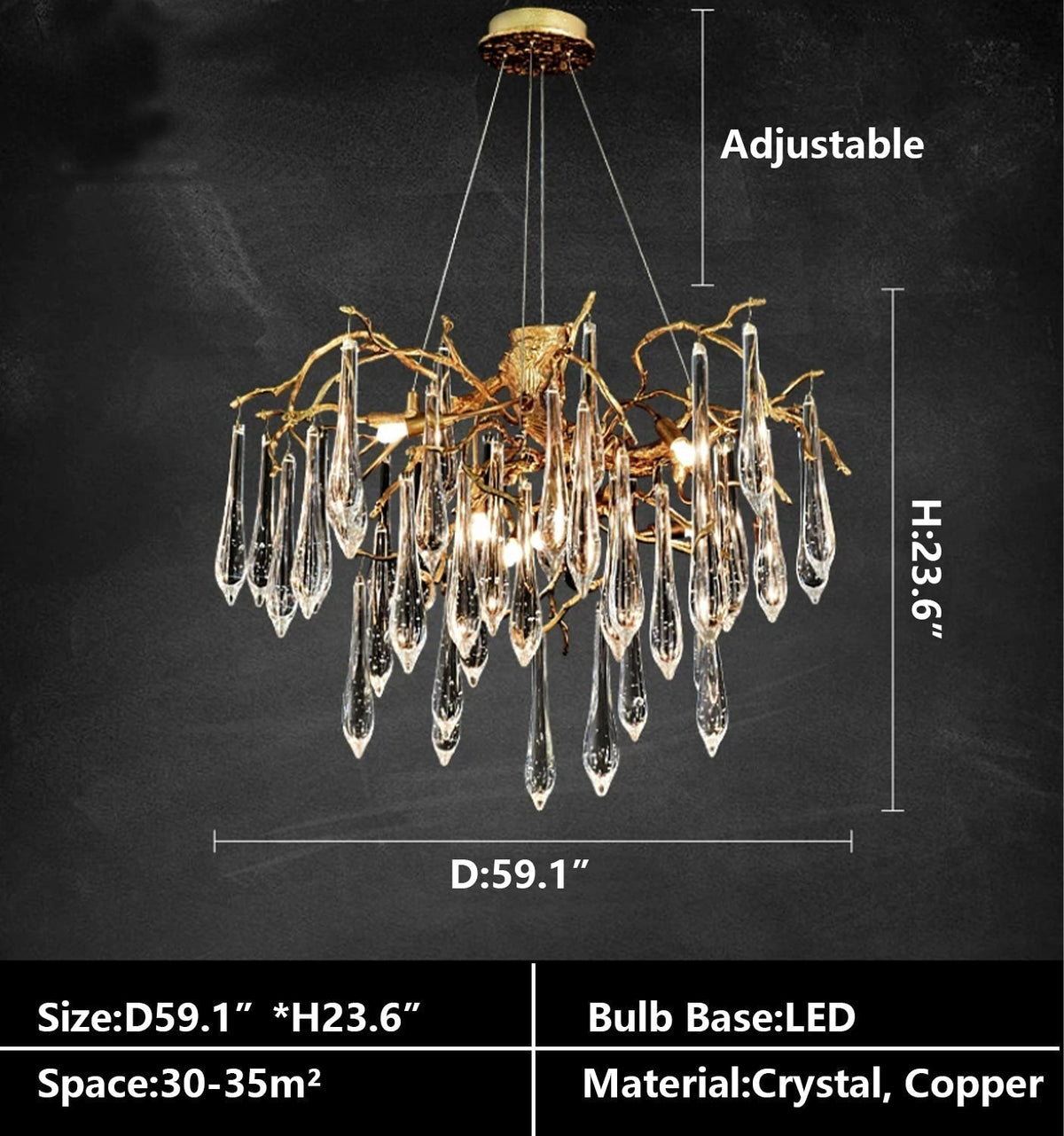 Branch Crystal Drops Chandelier in French Style with Copper Gold Finish for Dining and Living Room Ceiling - Round D23.6"*H15.8"/29.5kgWarm LightJoyfuzzy