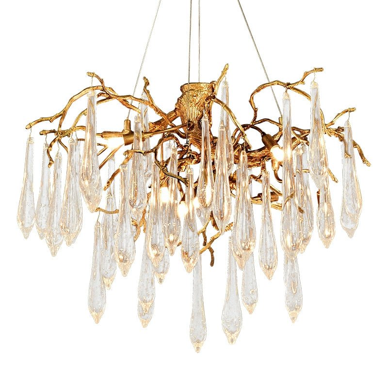 Branch Crystal Drops Chandelier in French Style with Copper Gold Finish for Dining and Living Room Ceiling - Round D23.6"*H15.8"/29.5kgWarm LightJoyfuzzy