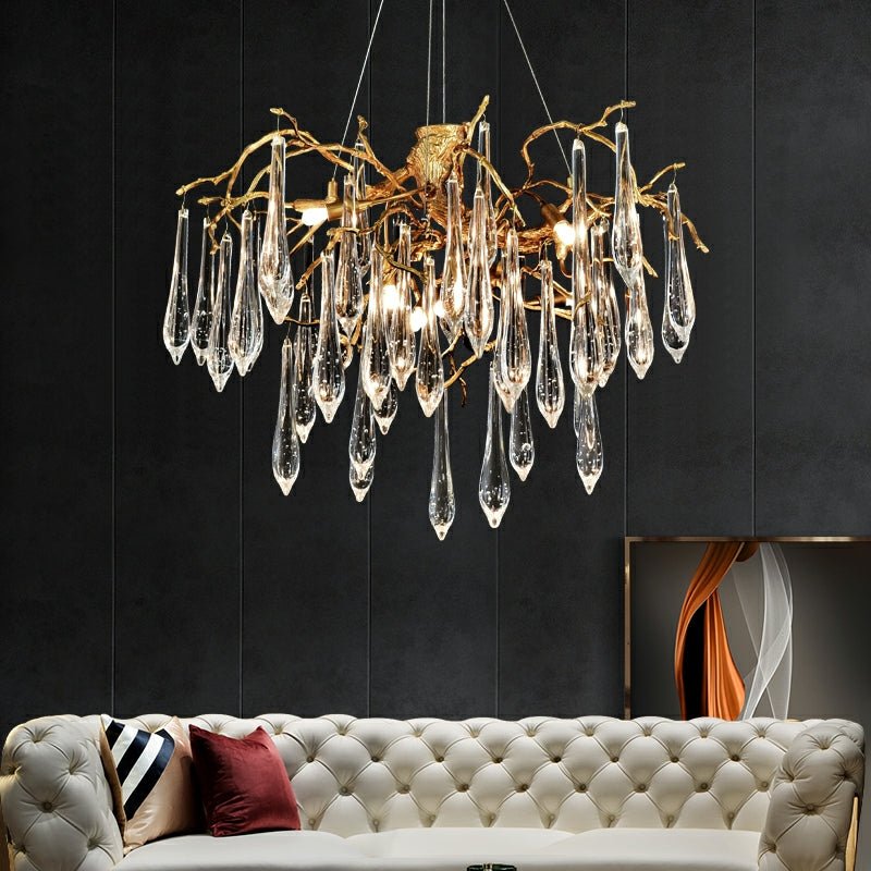 Branch Crystal Drops Chandelier in French Style with Copper Gold Finish for Dining and Living Room Ceiling - Round D23.6"*H15.8"/29.5kgWarm LightJoyfuzzy