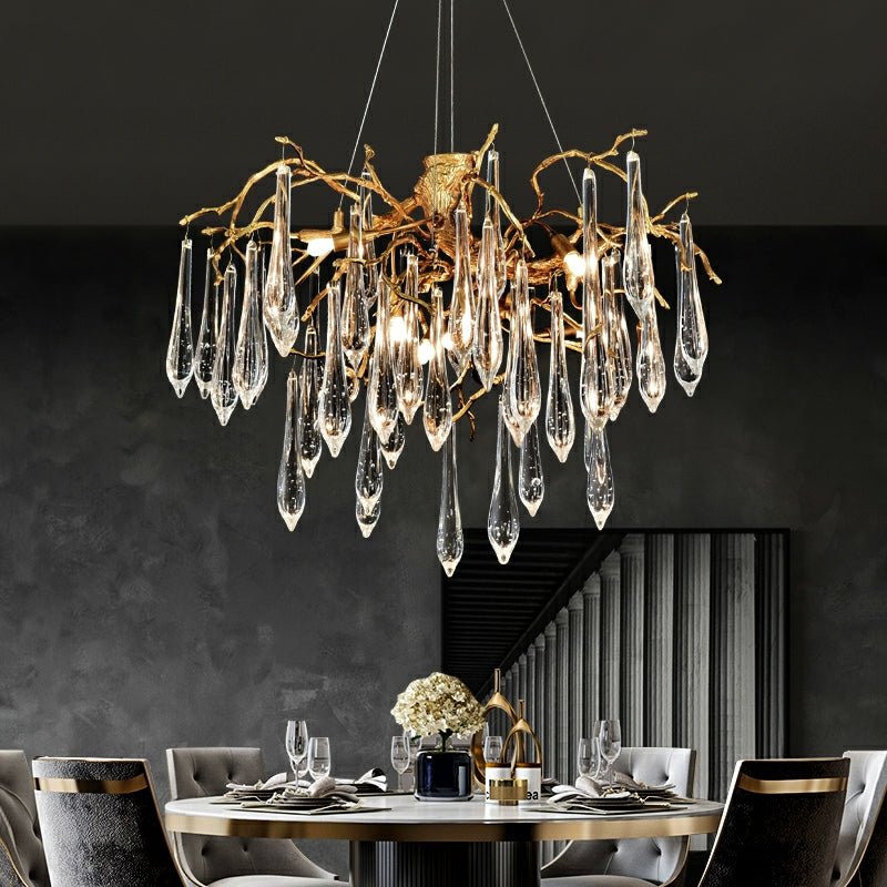 Branch Crystal Drops Chandelier in French Style with Copper Gold Finish for Dining and Living Room Ceiling - Round D23.6"*H15.8"/29.5kgWarm LightJoyfuzzy